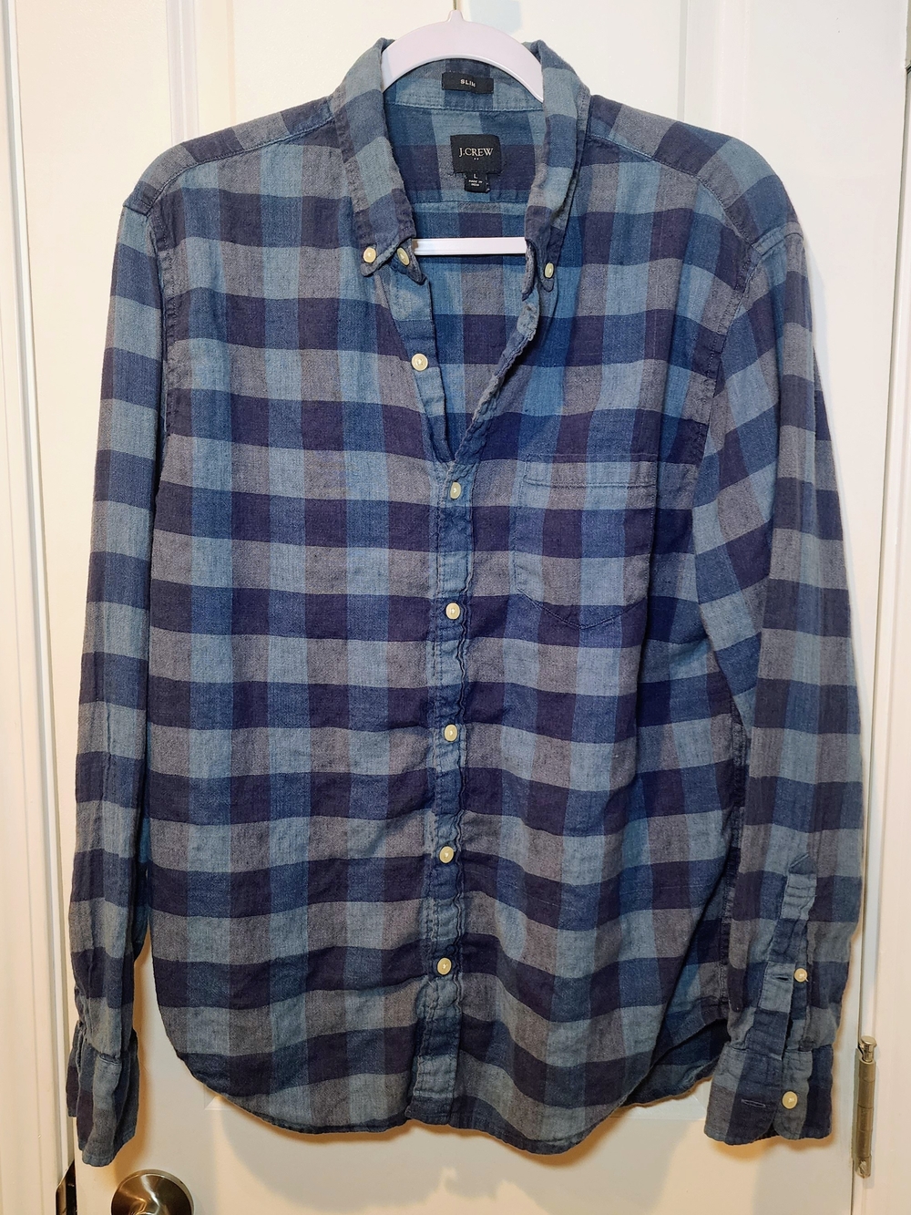J. Crew Men's Navy and Light Blue Linen Plaid Button-Down Shirt